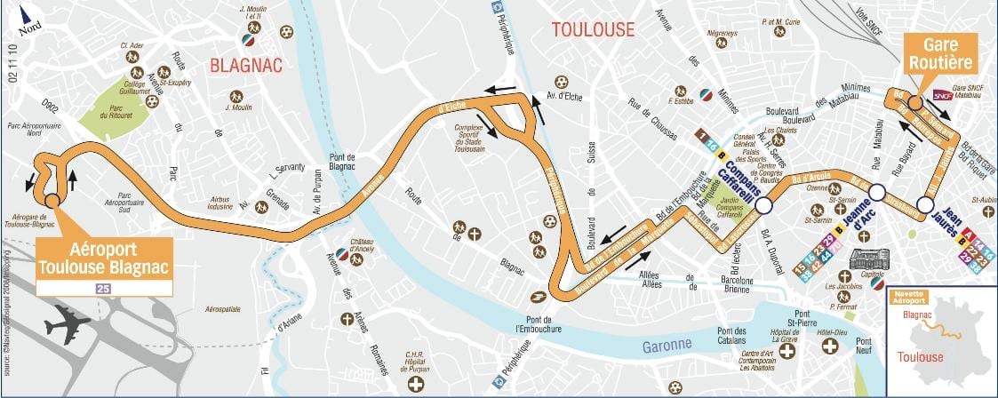 kartta Toulouse airport shuttle reitti 